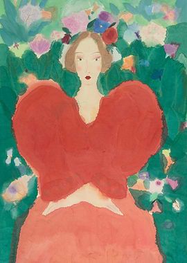 Woman in Red Dress with Flowers