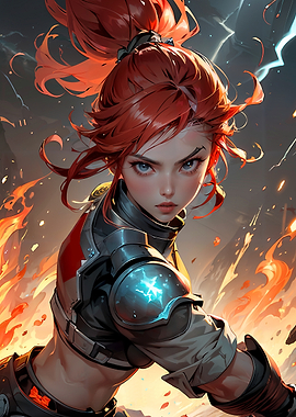 Fierce Female Cyborg Mech Fighter Wielding Fire Magic in Action