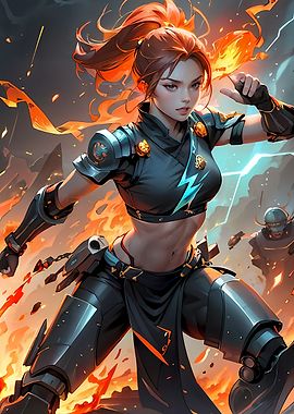 Fierce Female Cyborg Mech Fighter Wielding Fire Magic in Action