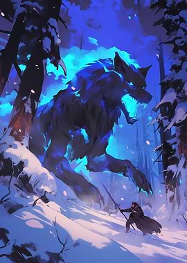 Fiery Wolf in Snowy Forest