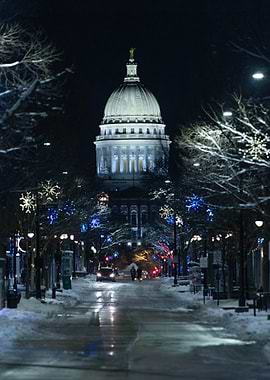 Snowy Madison WI Cityscape at Night