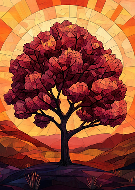 Tree Silhouette Sunset Stanied Glass