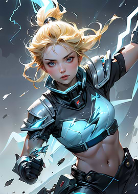 Dynamic Female Cyborg Mech Fighter Wielding Ice Magic in Action