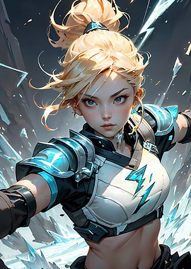 Dynamic Female Cyborg Mech Fighter Wielding Ice Magic in Action
