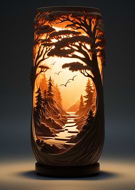 World Carved In Wooden Lamp