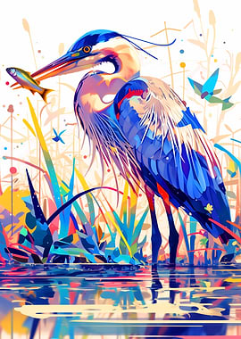 Colorful Heron with Fish