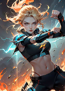 Fierce Female Cyborg Mech Fighter Wielding Fire Magic in Action