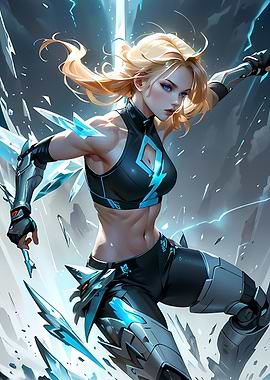 Dynamic Female Cyborg Mech Fighter Wielding Ice Magic in Action