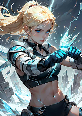 Dynamic Female Cyborg Mech Fighter Wielding Ice Magic in Action