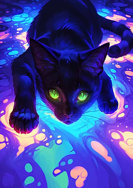 Black Cat in Neon Swirls