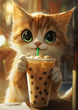 Cute Cat with Boba Tea