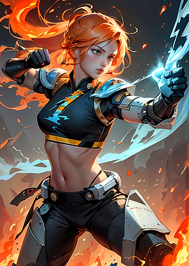 Fierce Female Cyborg Mech Fighter Wielding Fire Magic in Action