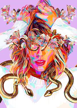 Woman with Snake and Flowers