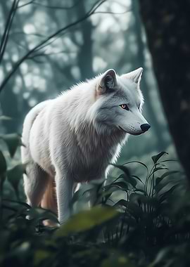 Albino Wolf in Forest