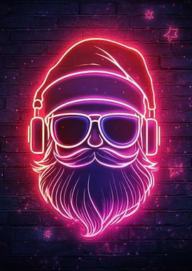 Neon Santa With Headphones