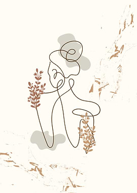 Line Art Woman with Flowers