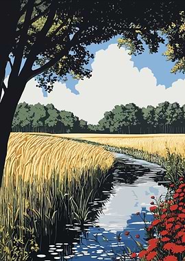 Summer Stream and Wheat Field