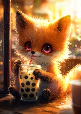 Cute Fox Drinking Boba Tea