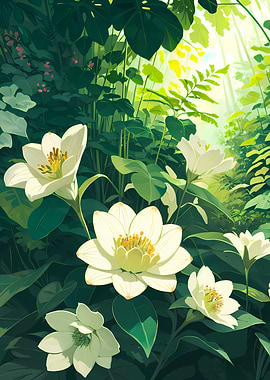 White Flowers in Lush Forest