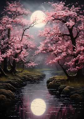Moonlit Cherry Blossom River