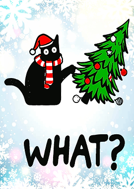 Black Cat Pushing Christmas Tree