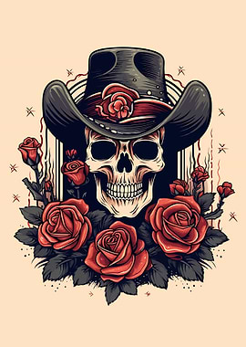Skull in Cowboy Hat with Roses