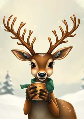 Christmas deer holding a coffee cup