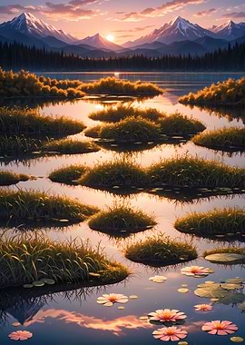 Sunset Lake with Water Lilies