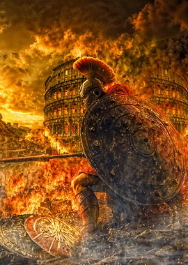 Roman gladiator under the flames of the colosseum