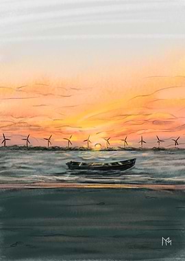 Sunset Boat and Windmills