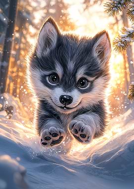 Cute Wolf Pup in Snow