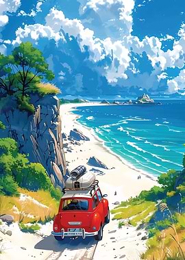 Red Car on Coastal Cliff