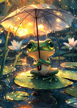Frog with Umbrella in Rain