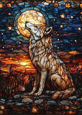 Wolf Howling at the Moon Stained Glass