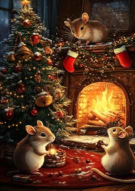 Christmas Mice by Fireplace