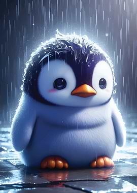 Cute Penguin in the Rain
