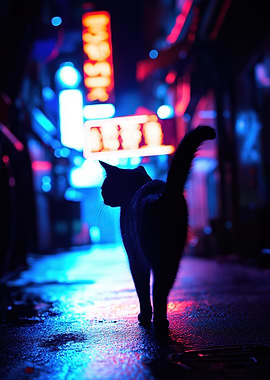 Black Cat in Neon City
