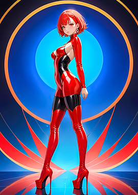 Anime Girl in Red Latex Bodysuit