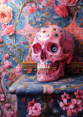 Pink Skull with Flowers