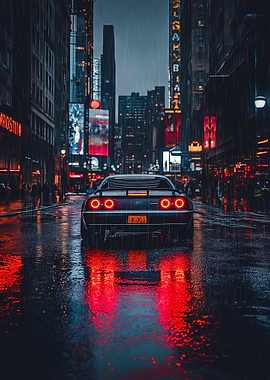 Rainy Cityscape with Car