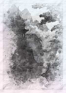 Japanese Pagoda in Mountains