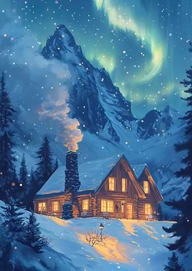 Cozy Cabin Under Aurora Borealis