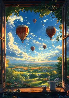 Window View with Hot Air Balloons