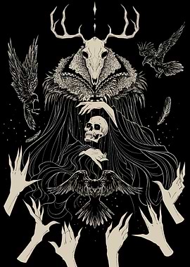 Dark Figure with Skull and Ravens