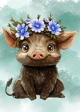 Cute Piglet with Flower Crown