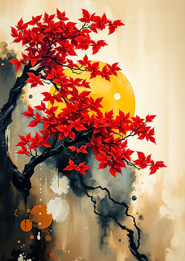 Red Tree and Yellow Sun Art