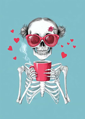 Skeleton with Coffee and Hearts