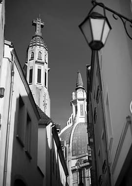 Church Spire in Narrow Alley