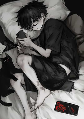Anime Boy on Bed with Phone