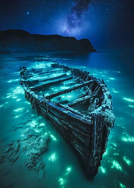 Bioluminescent Phantom Wreckage Under Stars